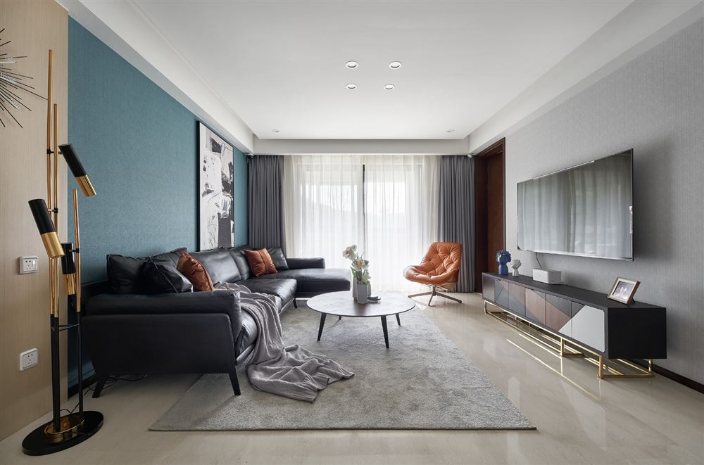 高级黑+孔雀蓝-现代简约风格室内装修设计效果图-绿岛湖壹号三居135平米