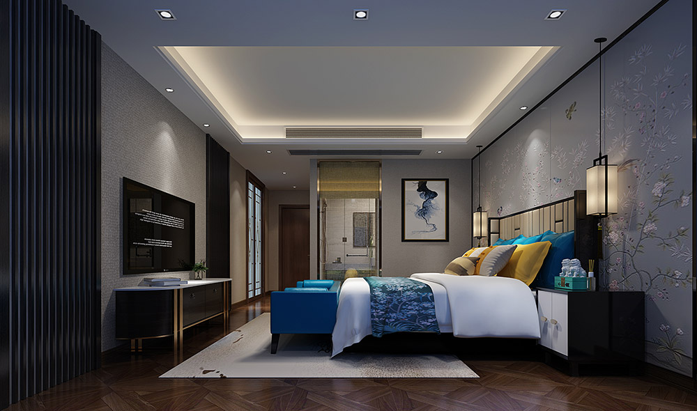 新中式风格室内装修效果图-榕湖世家三居128平米-卧室