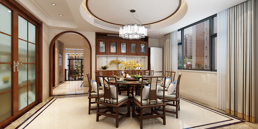 新中式风格室内装修设计效果图-博澳城复式235平米-室内餐厅装修设计