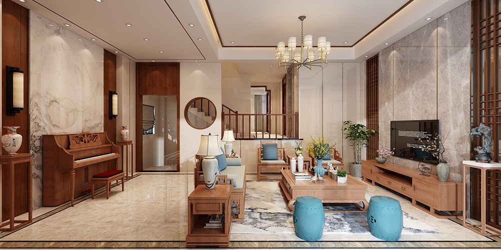 新中式风格室内装修设计效果图-博澳城复式235平米-室内客厅装修设计