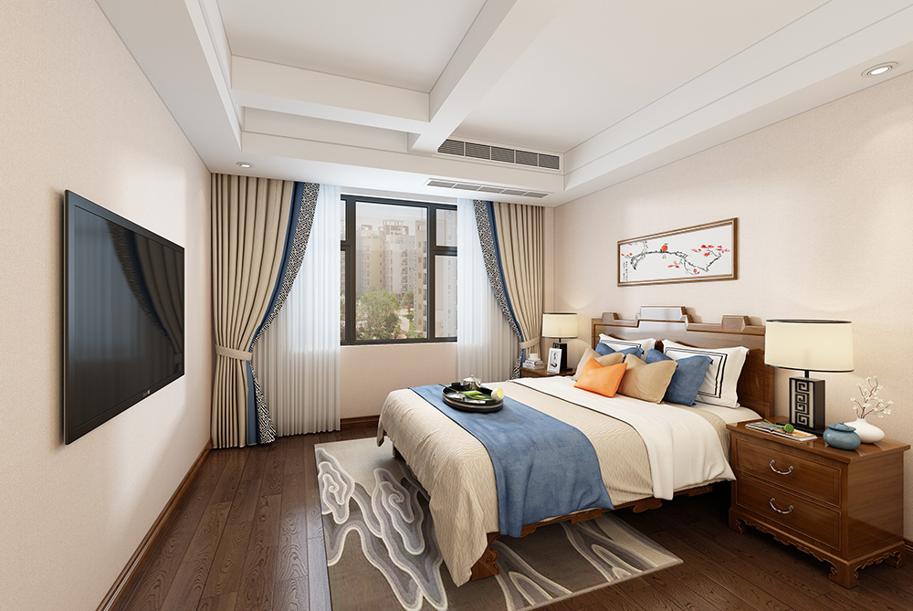 新中式风格室内装修设计效果图-博澳城复式235平米-室内客卧装修设计
