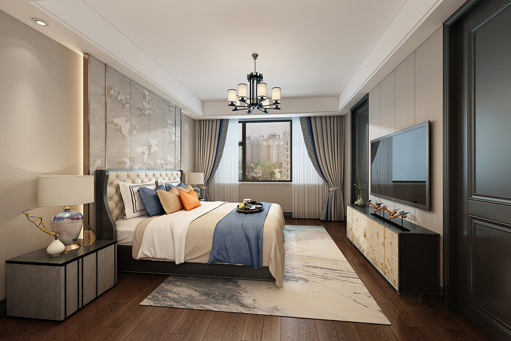 新中式风格室内装修设计效果图-博澳城复式235平米-室内主卧装修设计