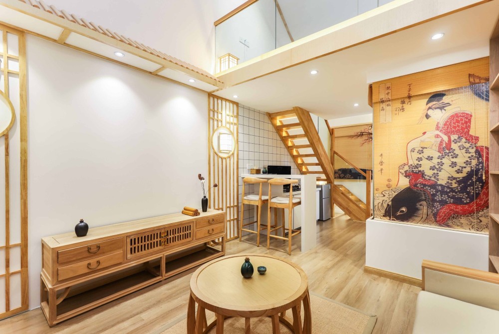 日式风格复式公寓室内家装案例效果图-客厅楼梯